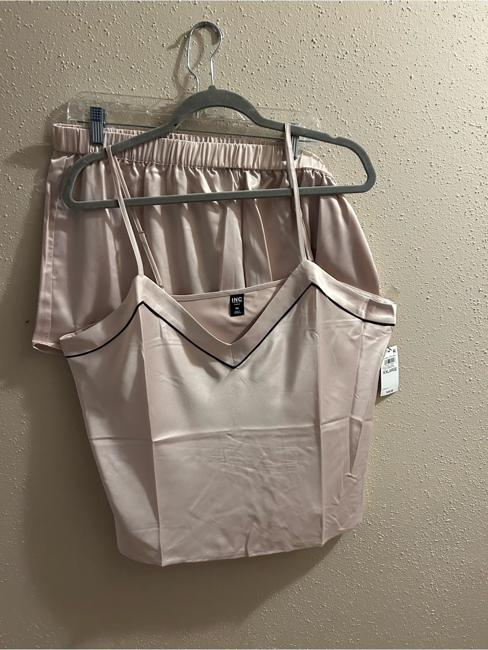 INC International Concepts Light Blush Satin Cami and Shorts Set with Black Trim